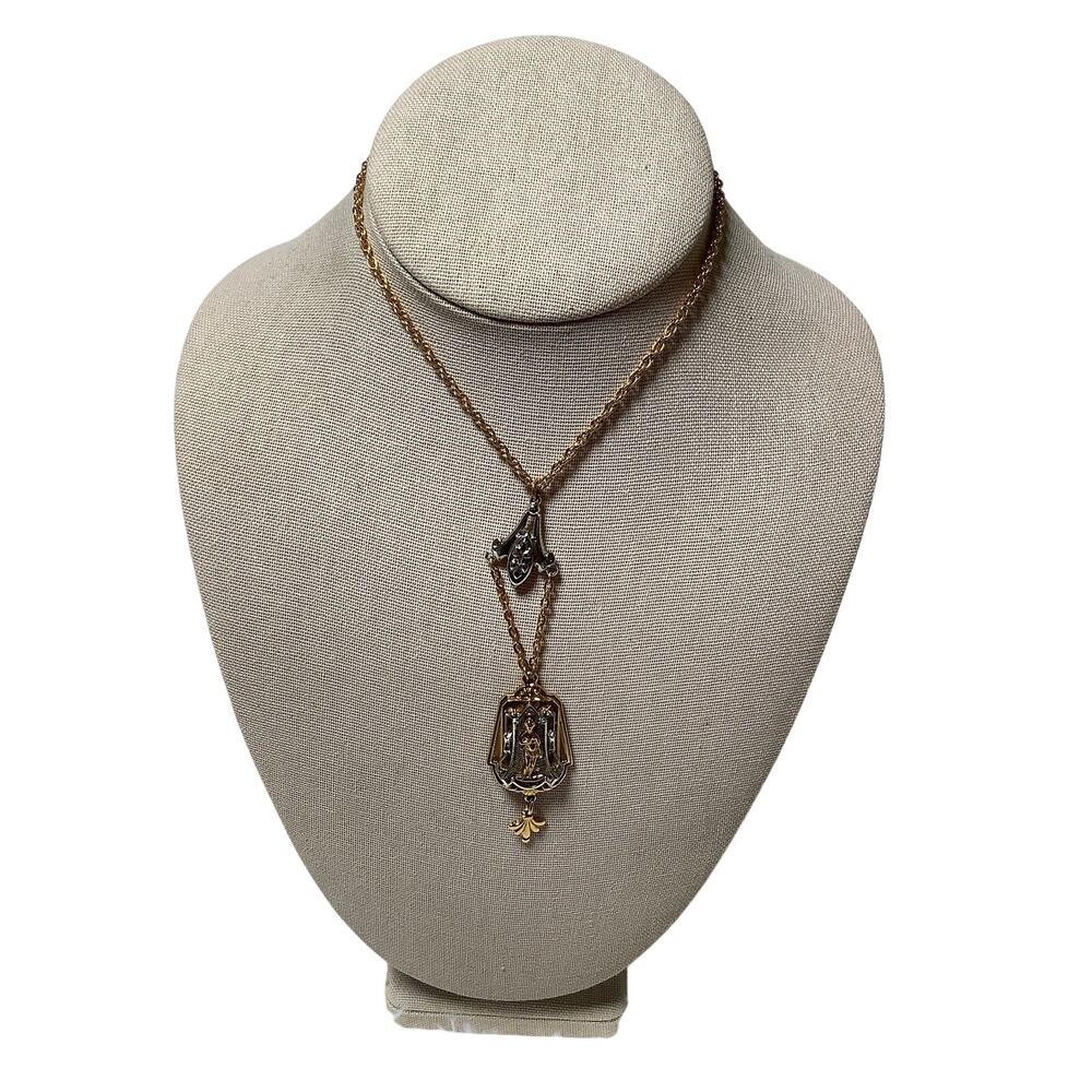 Vintage Gold Tone Lavalier Pendant Statement Necklace Edwardian Art Deco F16-2